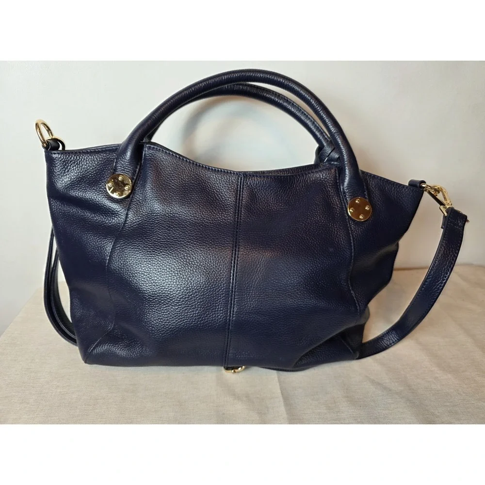 Onna‎ Ehrlich Navy Blue L Satchel Crossbody Pebbled Leather Handbag Classic EUC